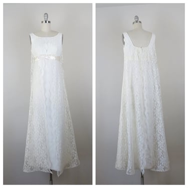 Vintage 1970s wedding gown, column dress, mod, bridal, empire waist, classic, minimal, lace, size small 