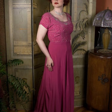 1940s Dress - Raspberry Pink Vintage 40s Rayon Evening Gown with Heavily Beaded Bodice by DuBarry 