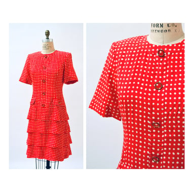 80s 90s Carolina Herrera Vintage Red white polka dot Silk dress Medium Short Sleeve Silk Red Polka Dot Dress Ruffle 90s Party Ruffle Dress 