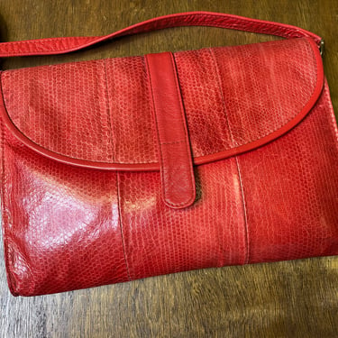 Vintage Red Purse Snakeskin Leather Shoulder Bag Crossbody 