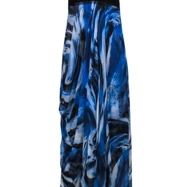 BCBG Max Azria - Blue, White &amp; Black Marbled Strapless Silk Maxi Dress Sz 0