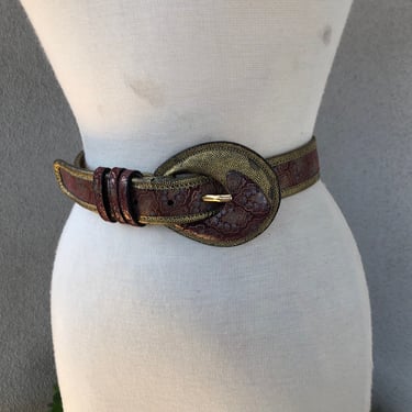 Vintage burgundy paisley gold leather belt Carlos Falchi fits 25-29