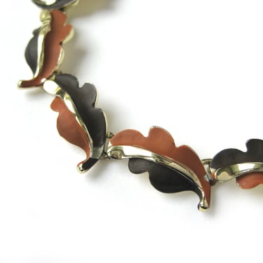 Karu Arke Vintage Leaves Bracelet, Brown Enamel and Gold Tone Metal Link Bracelet, Mid-Century Costume Jewelry, Gift for Her 