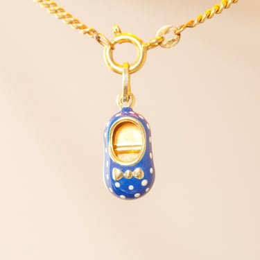 Italian 14K Blue Baby Shoe Charm In Yellow Gold, Cute Blue & White Enamel Slipper Charm Pendant, Vintage Jewelry 