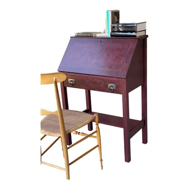 Vintage Arts and Crafts Style Oak Secretary Desk, Painted Burgundy Secretaire Bureau with Shell Details 