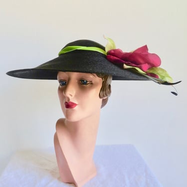 1950's Black Woven Straw Wide Brim Hat Large Magenta Fuchsia Silk Rose Flower Green Leaves and Ribbon Trim Portrait Picture Garden Party 