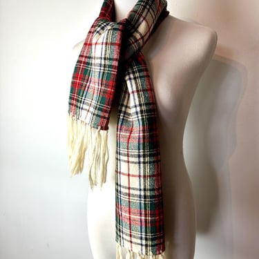 Vintage wool Plaid scarf~ wide neck scarves~ 1960’s era~ preppy shawl style with fringe/ holiday vibes red green off white 