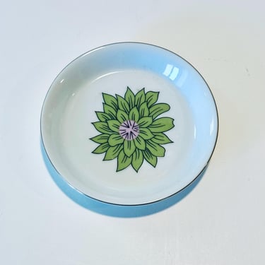 Vintage Creative Japan Porcelain Ring Dish, Teinket Dish, Green Floral Succulent Small Dish, Cocktail Plate 