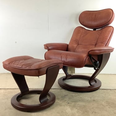 Vintage Ekornes Stressless Admiral Maroon Leather Recliner With Ottoman 