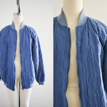 1990s Blue Quilted Silk Bomber Jacket 