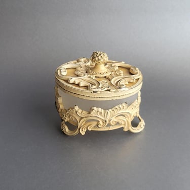 Metal filigree powder casket Hollywood regency trinket box Dresser lidded jar Vanity collection for her Wedding gift idea 