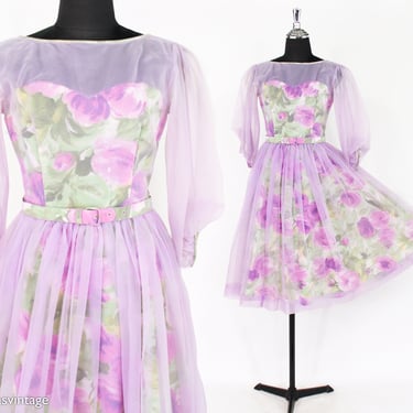 1950s Lavender Floral Print Dress | 50s Lavender Flower Party Dress | Small 
