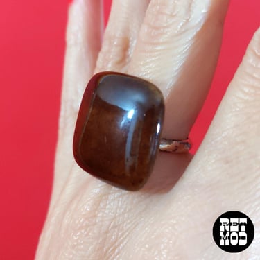 Vintage 70s Dark Brown Ceramic Square Adjustable Ring with Crazing 