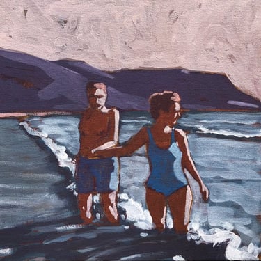 Woman and Man in Ocean #4 - Original Acrylic Painting on Canvas 10 x 10 - people, waves, bathing, fine art, gallery wall, small, michael van 