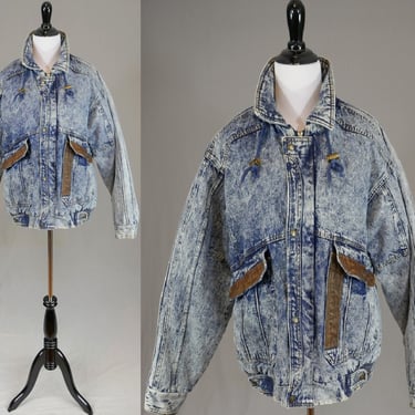 80s Acid Wash Jean Coat - Leather Trim - Horizon Outerwear - Blue Denim - Vintage 1980s - M 
