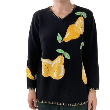 Vintage Y2K Womens The Quacker Factory Lemon Fruit Beaded V Neck Sweater Sz S 