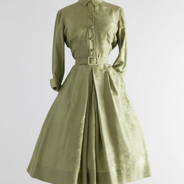 Sophisticated 1950's Olive Green Silk Dress From I.Magnin / Medium