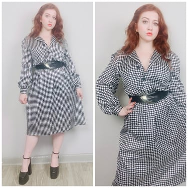 1980s Vintage Melissa Lane Black and White Houndstooth Dress / 80s / Eighties Silky Elastic Waist Shirt Dress / Size Large - XL 