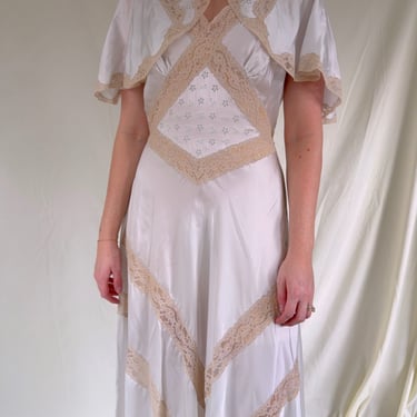 1930's Icy Silk Slip with Cream Lace and Cape