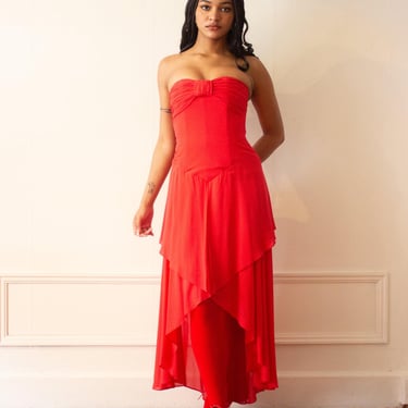 Late 1980s Karl Lagerfeld Cherry Red Silk Strapless Hi-Lo Gown 