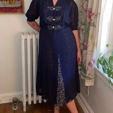 1940s Navy Chiffon Dress with Polka Dots and Belt size Large X-Large 