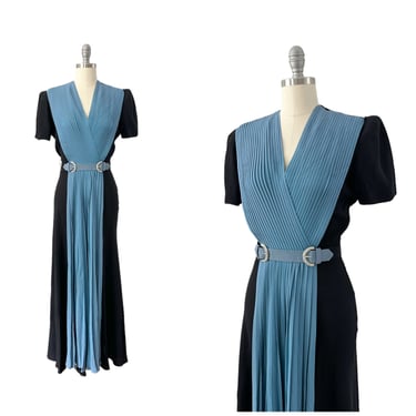 40s Black & Blue Color-block Floor Length Dress with Belt / 1940s Vintage Crepe Gown / Medium / Size 6 