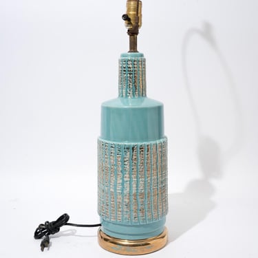 MCM Table Lamp in Gold and Turquoise with 3 Way Socket, Vintage Medium Size Lamp 1960s 