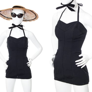 Vintage 1950s Swimsuit | 50s ROSE MARIE REID One Piece Black Halter Pin Up Summer Swim Suit (small/medium) 
