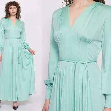 M| 70s Mint Green Grecian Hostess Gown - Medium | Vintage Balloon Sleeve Pleated Maxi Dress 