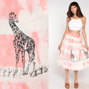 70s Wrap Skirt Tie Dye Skirt Giraffe Print Pink Hippie Boho Midi 1970s Cotton Bohemian High Waisted Vintage Animal Skirt Small Medium xs 