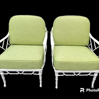 Incredible pair of vintage Brown Jordan faux bamboo Calcutta lounge chairs 