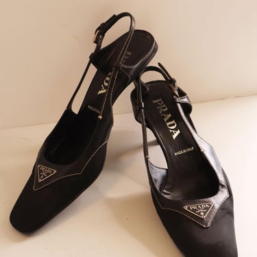 RARE Vintage PRADA Silk + Leather Logo Plaque Square Toe Slingbacks with Contrast Stitch sz 36.5 6.5 90 Linea Rossa Minimal Y2K Pumps 