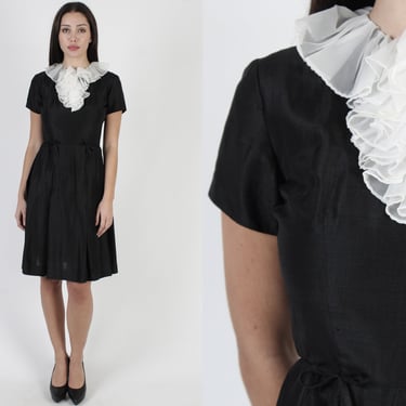 1950s Black White Full Skirt Dress / 50s Ruffle Ascot Collar Dress / Vintage Mid Century Holiday Party Retro LBD 