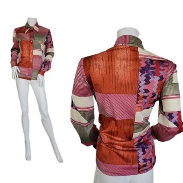 1970's Pink Orange Geometric Print Poly Button Down Blouse I Shirt I Top I Sz Med I Christenfeld 