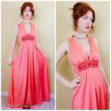 1970s Vintage Jack Bryan Beaded Knit Gown / 70s Peach Plunging Neck Elegant Maxi Dress / Large - XL 