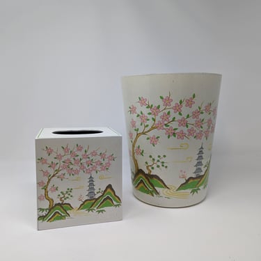 Vintage Mid Century Andre Richards Plastic Japanese Cherry Blossom Plastic Bathroom / Bedroom Trashcan and Tissue Holder 