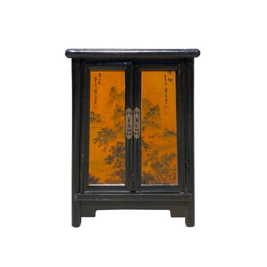 Chinese Distressed Black Yellow Scenery Graphic End Table Nightstand cs7346E 