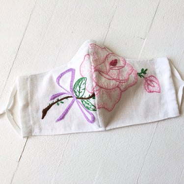 Embroidered Rose Mask, Vintage Floral White Linen Mask, Pretty + Chic, Medium Size, One of a Kind, Reversible, Nose Wire, Handmade in USA 