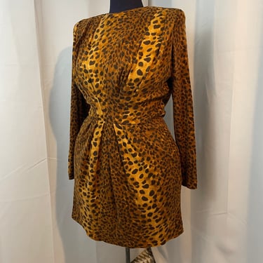 80s Vintage Leopard Print Rocker Dress pockets Shoulder Pads L 