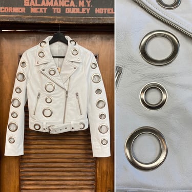 Vintage 1990’s White Grommet Cropped New Wave Punk Leather Jacket, 90’s Vintage Clothing 