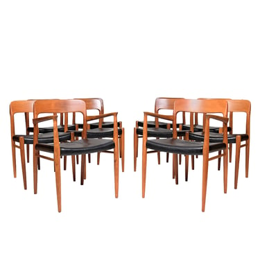 Set of 10 Danish Teak Niels Moller Dining Chairs in Leather — Models 56 + 75