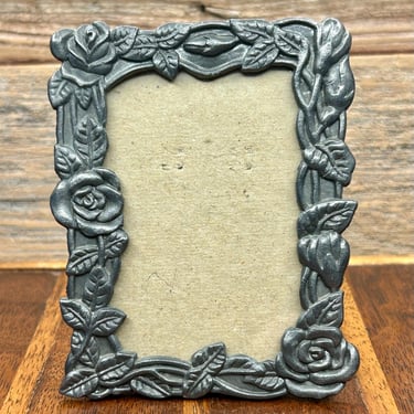 Pewter Picture Frame Vintage Floral Roses Retro Style Home Decor Small Frame 