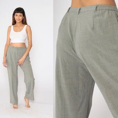 90s Plaid Dress Pants Grey Checkered Trousers Straight Leg High Rise Waist Retro Preppy Basic Check Print 1990s Vintage Medium M 10 