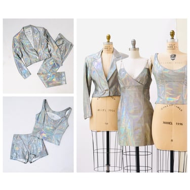 90s 00s y2k 5 Piece Silver Metallic Hologram Leather Set Suit Leather Jacket Dress Pants Top By Micheal Hoban North Beach Leather Jacket 