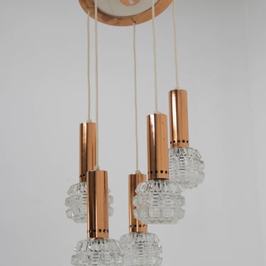 Mid-century Copper and Glass Chandelier, 1970s / Vintage Chandelier 