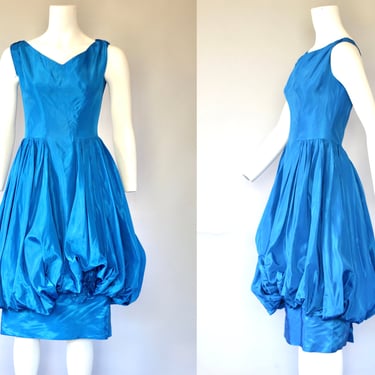 1960s Emma Domb Balloon Skirt Taffeta Party Dress - Vintage 60s Peacock Blue Dress - Medium 