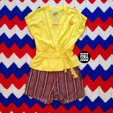 Easy Breezy Vintage 60s 70s Yellow Cotton Wrap Blouse with Crochet Trim 