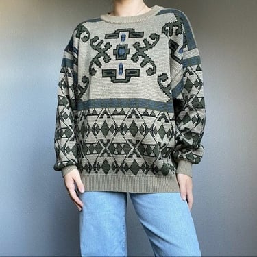 Vintage 80s Geometric Abstract Wool Cotton Crewneck Blue Green Tan Sweater L 