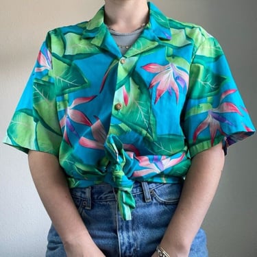 Paradise Found Hawaiian Shirt Mens XL Vintage Camp Button Teal Flowers Made USA 