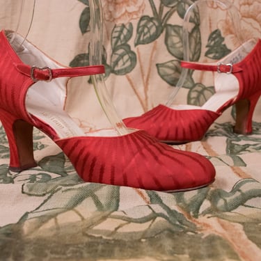1920s Shoes - The Ruby Slippers - Gorgeous Vintage 20s Art Deco Red Striped Silk Faille High Heels Size 6 6.5 Narrow 